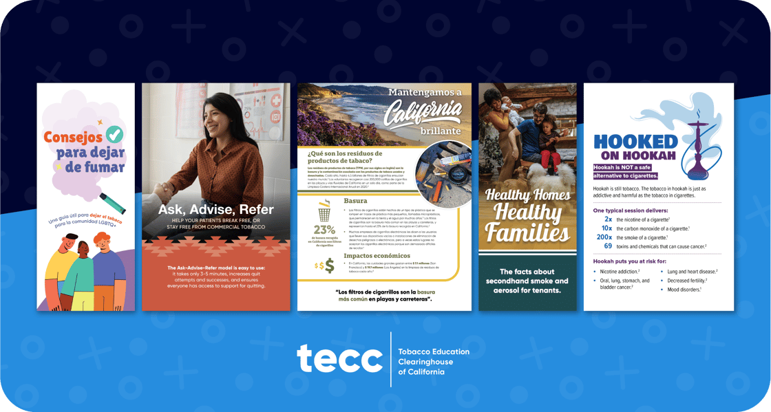Graphic with drop shadowed images of educational materials offered by the Tobacco Education Clearinghouse of California (TECC), a project of ETR. 