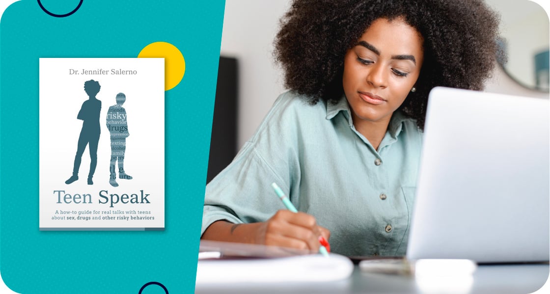 Graphic with a photo of a person at their laptop on the right next to a teal block on the left with the cover for Cracking the Code: Master the Art of Teen Speak Online Course. 