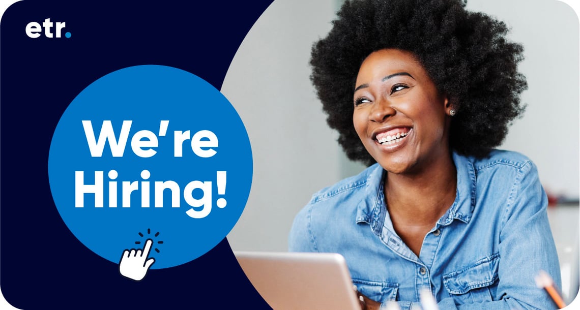 Dark blue graphic next to a lifestyle photo of a young person happily at their laptop. Overlaying that is a blue circle that says, ‘We’re Hiring,’ with a hand clicking the circle. 