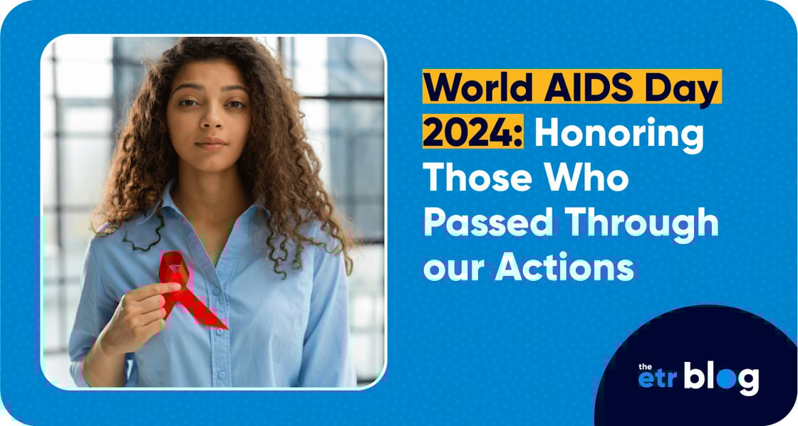 Blue graphic with a white framed photo of someone holding an HIV/AIDS ribbon against their chest. Next to that is copy that reads, “World AIDS Day 2024: Honoring Those Who Passes Through Our Actions.” 