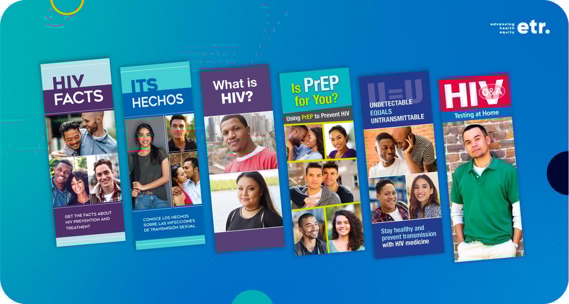 Gradient graphic with drop-shadowed pamphlets from the HIV section in the ETR Store. 