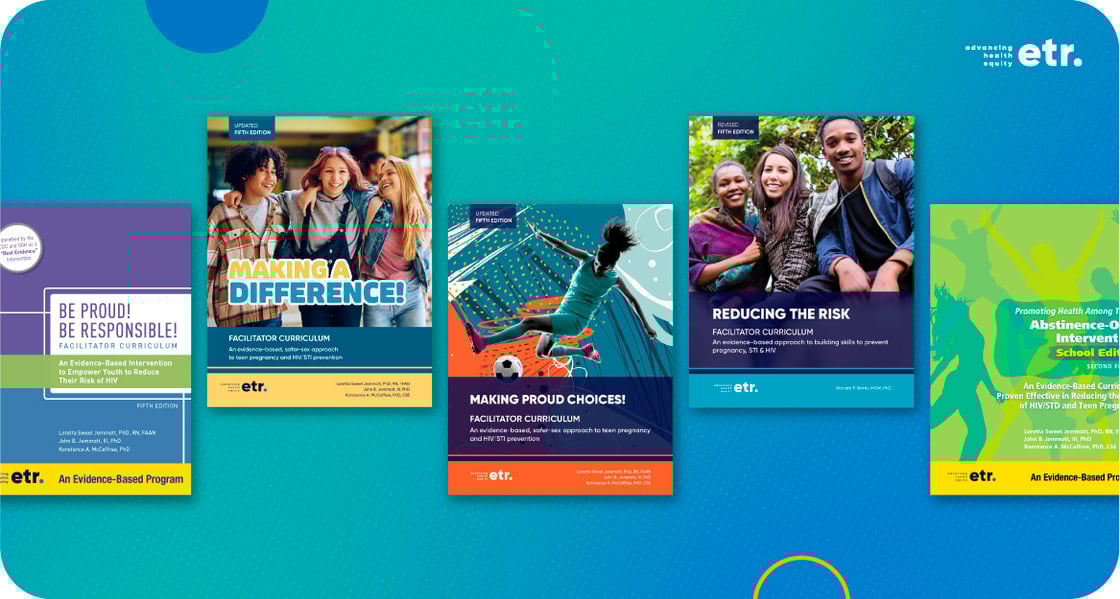 Multicolored graphic with drop-shadowed images of ETR’s offered evidence-based interventions that can opportunities for training.  