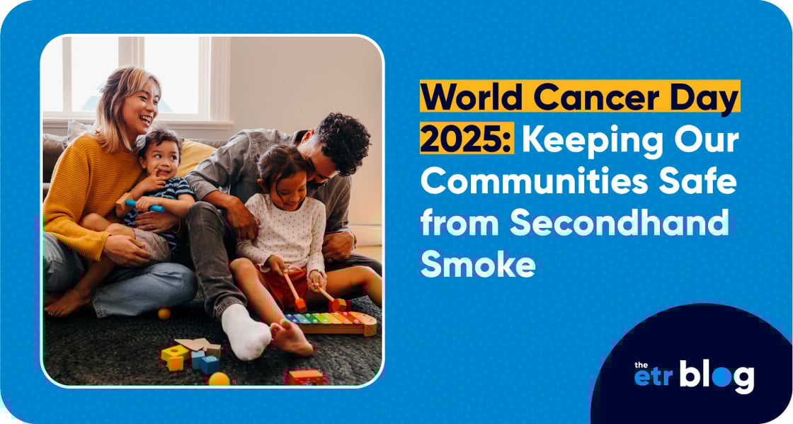 Blue graphic with a lifestyle photo of a happy family indoors next to copy that reads, “World Cancer Day 2025: Keeping Our Communities Safe from Secondhand Smoke.”