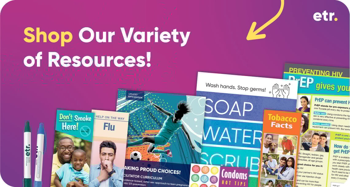 Gradient purple graphic with images of ETR Store products overlaying the bottom of the image. At the top is copy that reads, “Shop Our Variety of Resources!” next to a yellow arrow and the ETR logo.