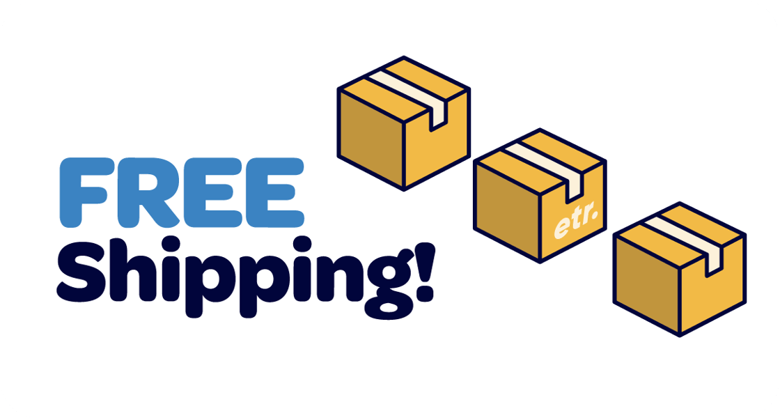 Blue copy that says ‘Free Shipping!’ next to yellow shipping boxes with the ETR logo. 