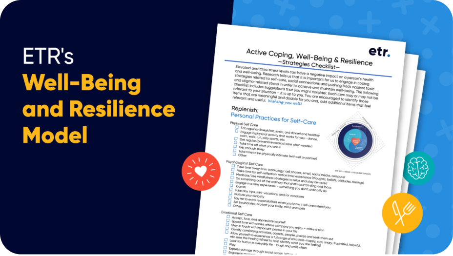Blue and dark blue graphic next to pages of ETR’s well-being and resilience model and health-related symbols. 