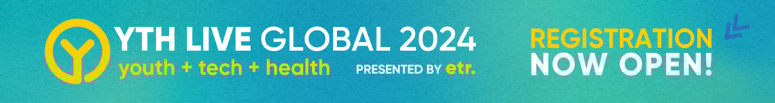 Multigradient graphic for YTH Live Global 2024, youth + tech + health, presented by ETR, Registration now open!