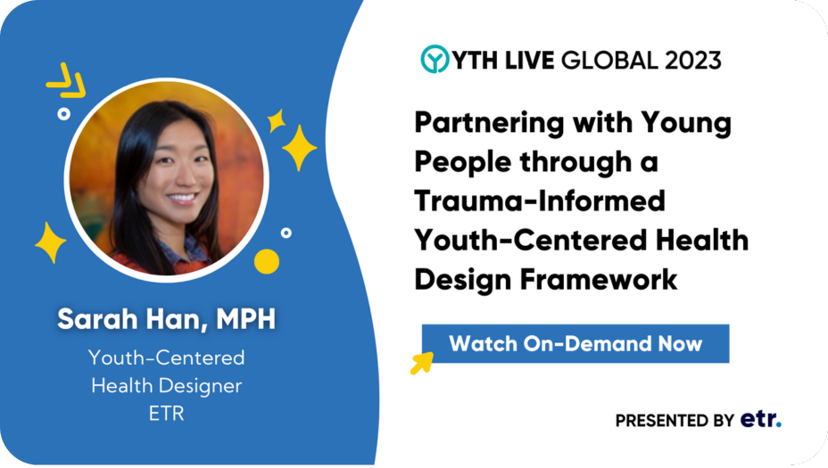 White and blue graphic advertising YTH Live Global 2023 webinar available to watch on-demand.