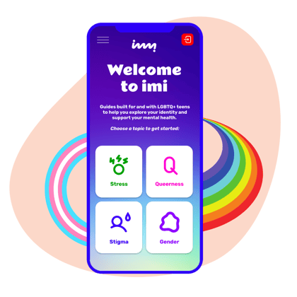 Illustration of a phone with the imi app website visible surrounded by LGBTQ pride flags