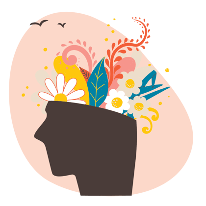 Illustration of a head with flowers and plants coming out the top, representing peace and calm