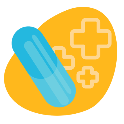 Illustration of a blue pill in front of health care signs
