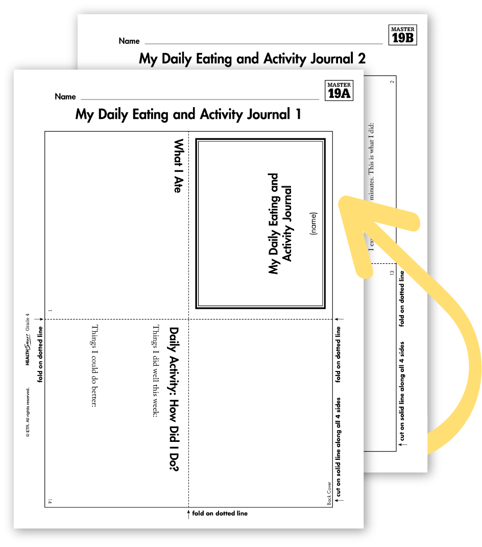 Drop shadowed images of the HealthSmart daily eating and activity journal pages with a yellow curved arrow pointing to the pages.