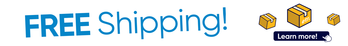 White graphic with blue copy that reads “FREE Shipping!” Next to that is yellow boxes with a dark blue button that reads ‘Learn More’ underneath. 