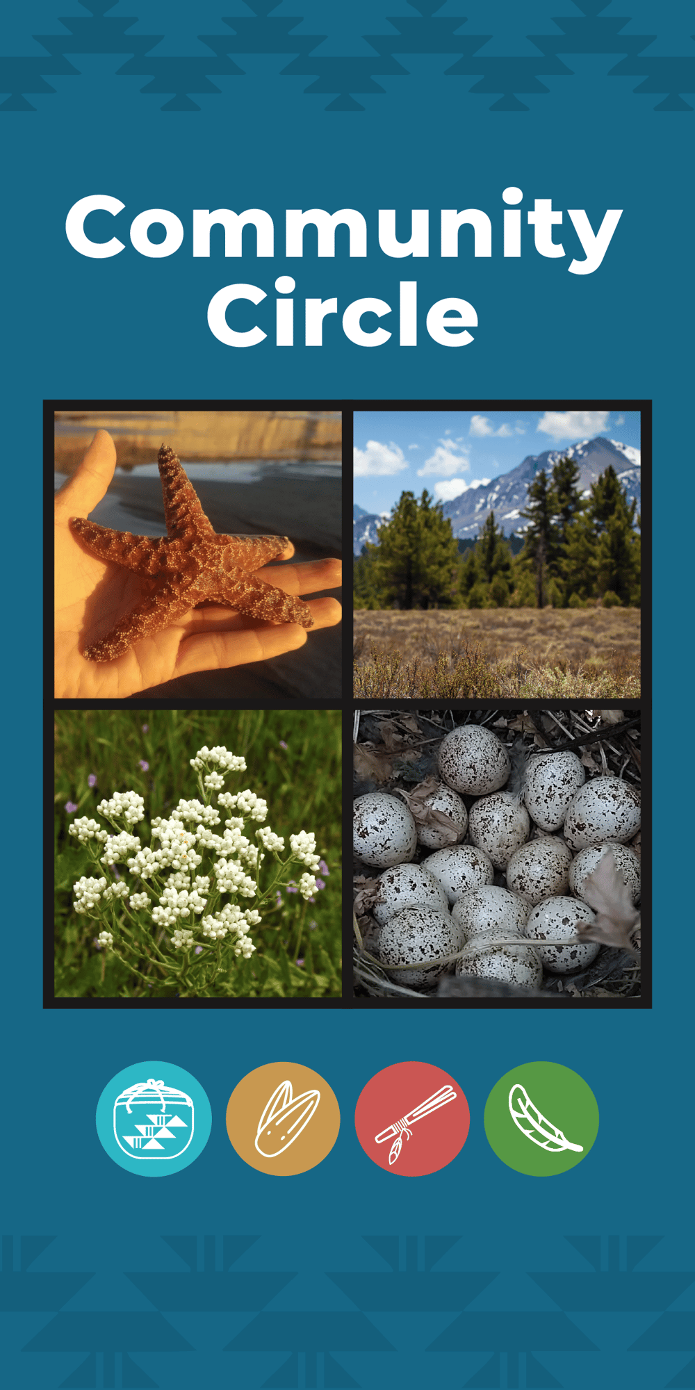 This is a medium blue rectangular graphic. There is a dark blue triangular pattern at the top and bottom of the rectangle. Centered on the top of the graphic in white text it reads, "Community Circle." Below the words is a frame with four pictures in it. The pictures include a hand holding a starfish, a mountain landscape, white flowers in front of green grass, and eggs in a nest. Below the frame there are four icons. The first icon is light blue and it depicts a California Indian basket. The second icon is a deep yellow and it depicts sunflower seeds. The third icon is a soft red, and it depicts a California Indian clapper stick. The fourth icon is green and it depicts a feather. 