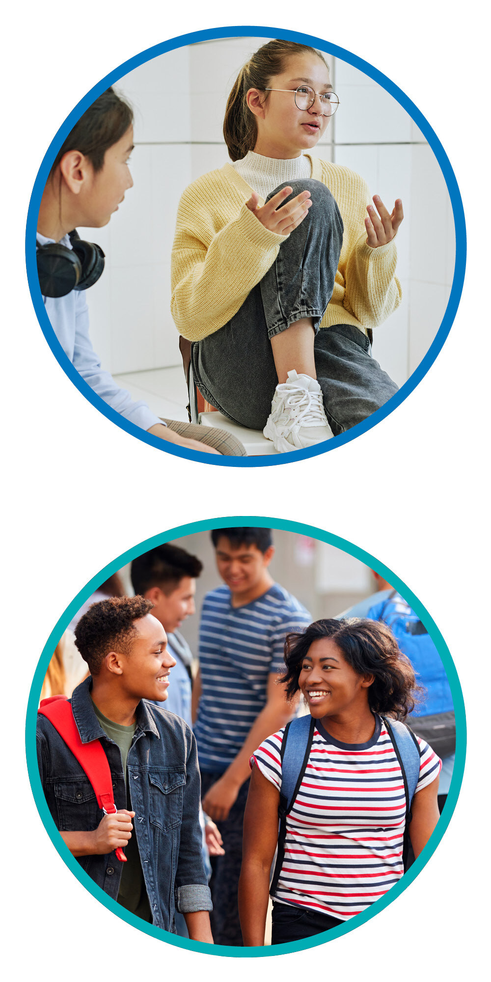 This is a graphic that consists of two circular frames stacked on top of each other. The circular frame on top has a blue border. Inside the border is a picture of a young person sitting on a chair talking. The second circular frame has a green border. Inside the frame is a picture of two young people look at each other, talking. This is a graphic that consists of two circular frames stacked on top of each other. The circular frame on top has a blue border. Inside the border is a picture of a young person sitting on a chair talking. The second circular frame has a green border. Inside the frame is a picture of two young people look at each other, talking.