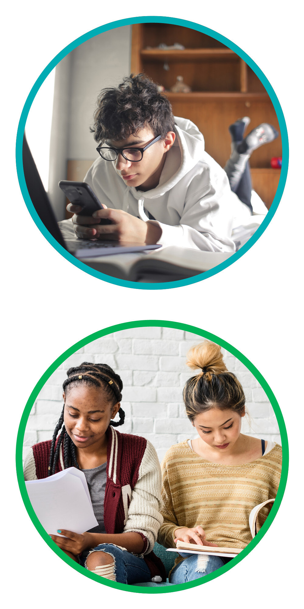 This is a graphic that consists of two circular frames stacked on top of each other. The circular frame on top has a blue border. Inside the border is a picture of a young person looking at a cell phone. The second circular frame has a green border. Inside the frame is a picture of two young people looking at notebooks, appearing to be reading/studying. This is a graphic that consists of two circular frames stacked on top of each other. The circular frame on top has a blue border. Inside the border is a picture of a young person looking at a cell phone. The second circular frame has a green border. Inside the frame is a picture of two young people looking at notebooks, appearing to be reading/studying.