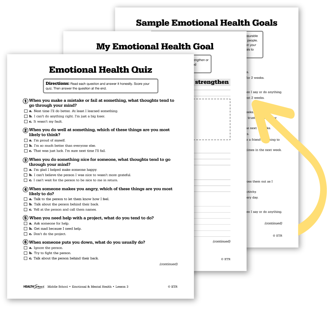 Drop shadowed images of the HealthSmart emotional health activity pages with a yellow curved arrow pointing to the pages.