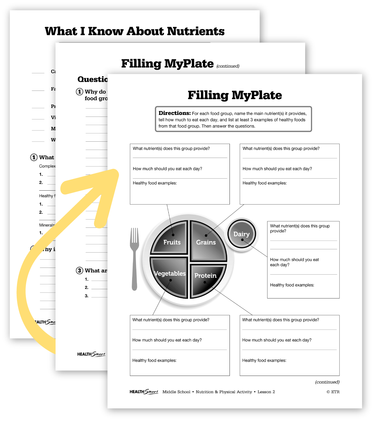 Drop shadowed images of the HealthSmart nutrition activity pages with a yellow curved arrow pointing to the pages.