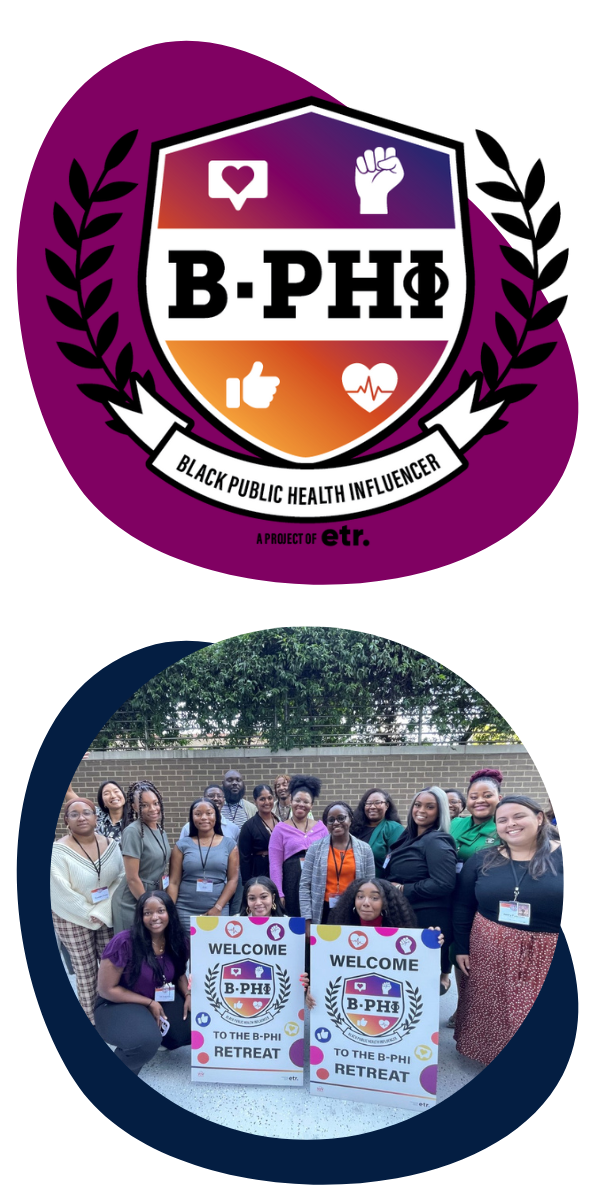 Pictured are two blobs aligned to the left side of the page. The first blob is purple, and the B-PHI logo is placed on top of it. The second blob is dark blue. In the center of the blob in a circular frame is a picture of the B-PHI team.